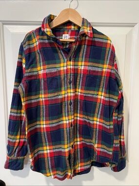 GAP Kids Multicolor Plaid Flannel Button-Down Shirt — Navy, Red, Green & Yellow